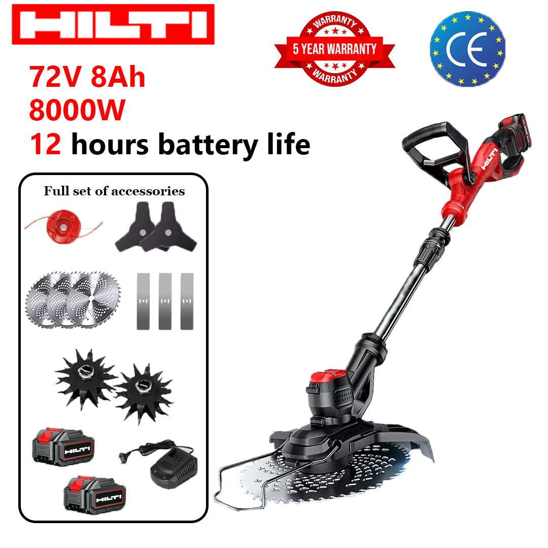 Versão atualizada: 8000 W de potência, 12 horas de autonomia da bateria (presente: bateria de lítio 72V 8Ah * 2 + lâmina de serra de liga * 3 + lâmina triangular * 2 + lâmina reta * 3 + cabeça de corte de liga * 1 + cabeça de lavoura * 2 + carregador rápido * 1)